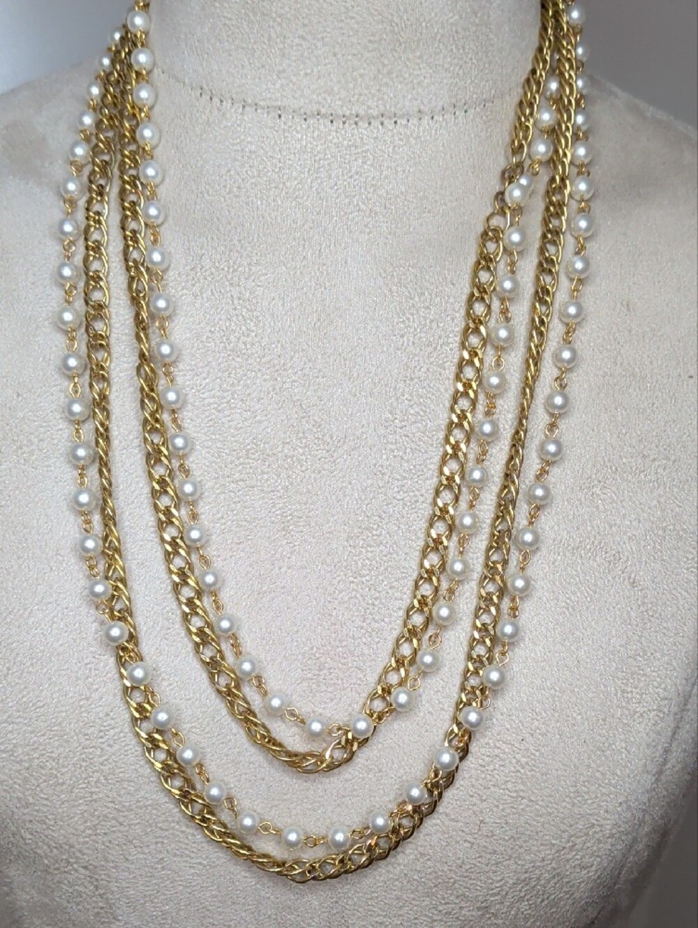 Vintage 60s Long Gold Chain & Pearl Layered Necklace
